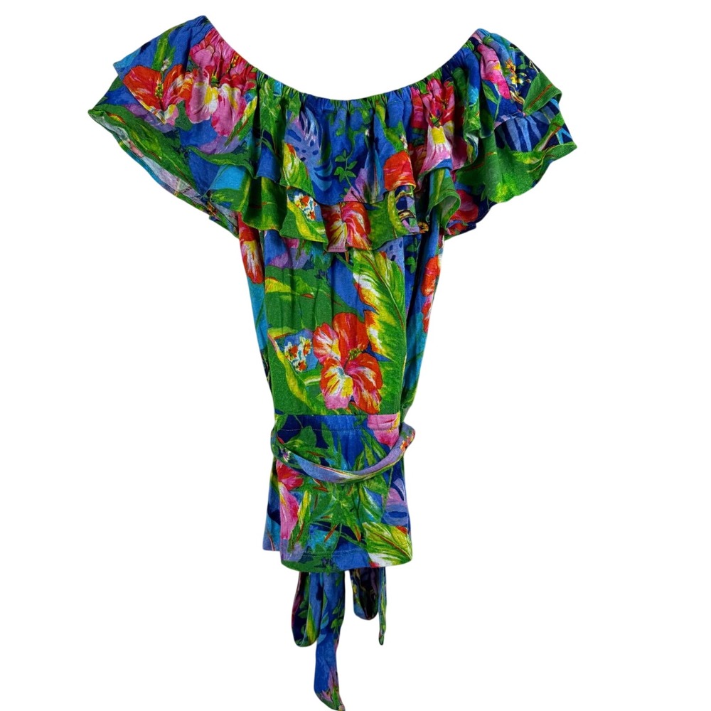 Lauren Ralph Lauren Tropical Floral Linen Top XXS Blue Green‎ Boho Resort Ruffle - Picture 7 of 8
